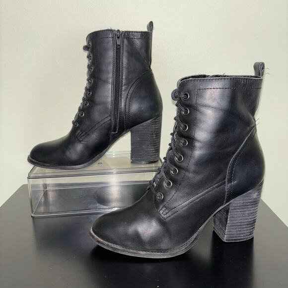 Steve Madden Lace-Up Block Heel Boots Black Leather Side Zip Combat Size 10 - Picture 2 of 8